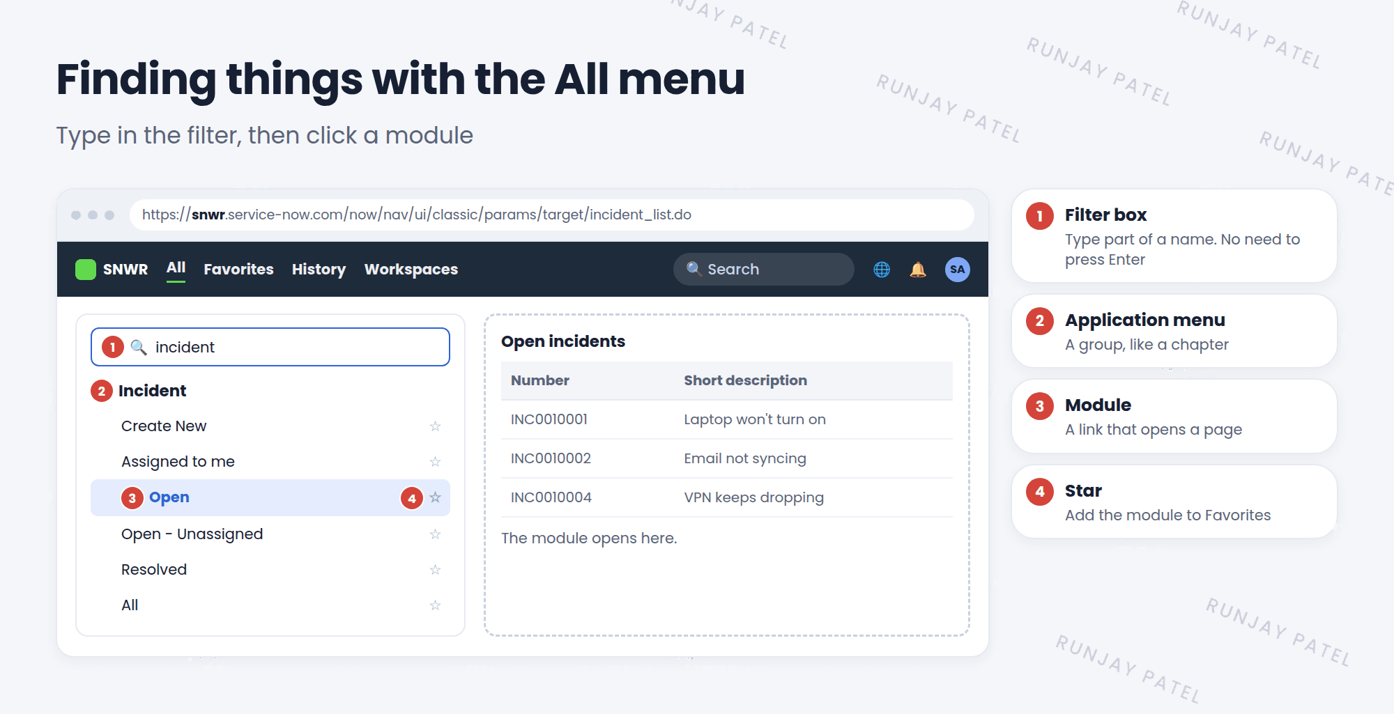 The All menu with incident typed in the filter box. The Incident application menu shows its modules: Create New, Assigned to me, Open, Open - Unassigned, Resolved, and All. Labels point out the filter box, the application menu heading, and a module, with a star to add a module to Favorites.
