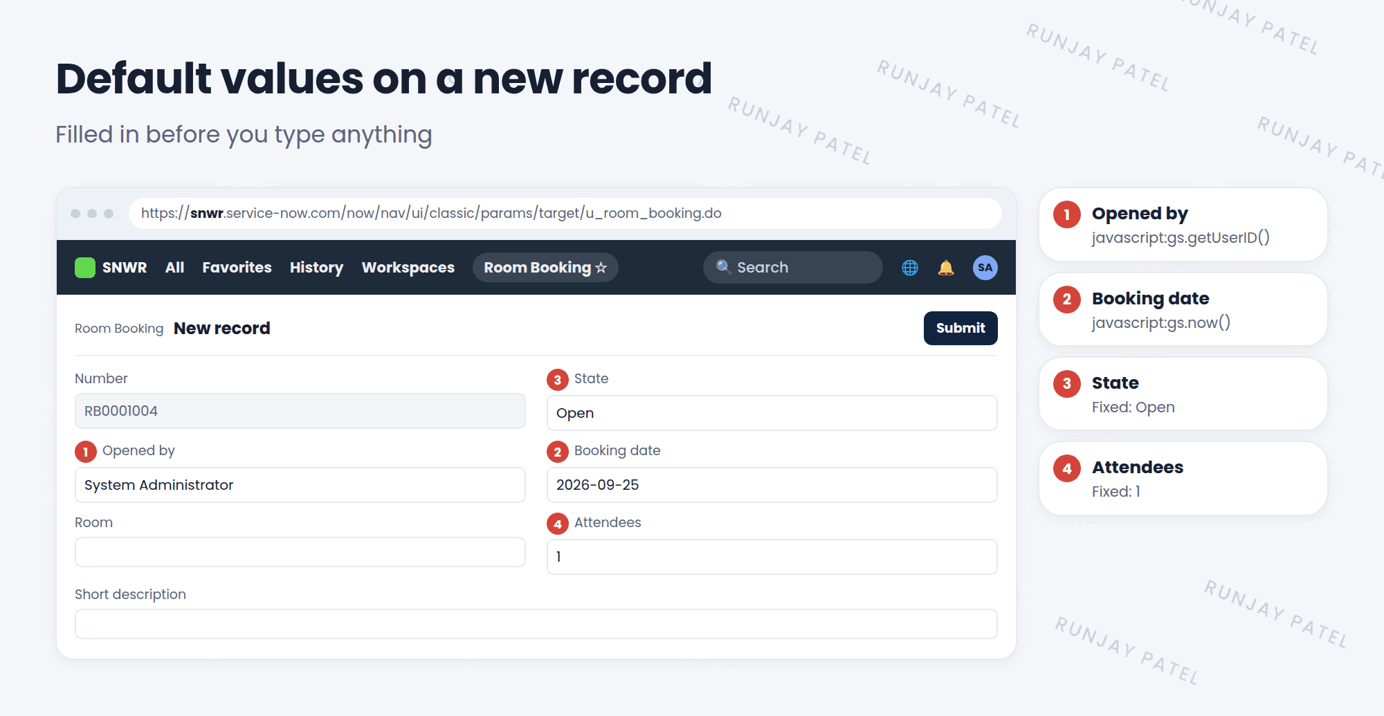 A new Room Booking form with default values filled in. Marker 1: Opened by is set to the logged-in user with javascript:gs.getUserID(). Marker 2: Booking date is set to today with javascript:gs.now(). Marker 3: State is Open, a fixed value. Marker 4: Attendees is 1, a fixed value. The other fields are empty.