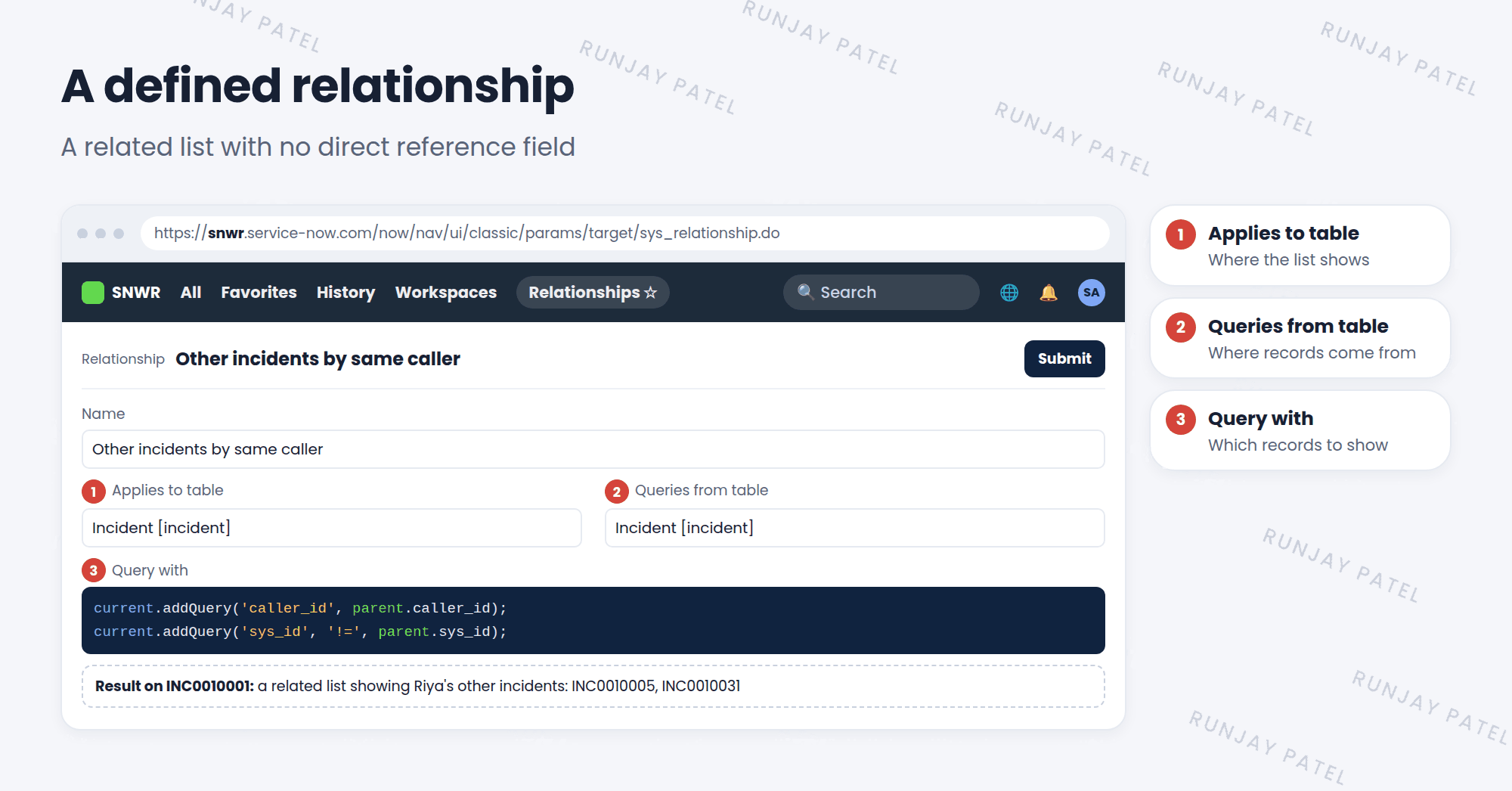 A relationship record named Other incidents by same caller. 1: Applies to table, Incident, the form where the related list shows. 2: Queries from table, Incident, the table the list's records come from. 3: Query with, a short script: current.addQuery caller_id equals parent.caller_id, and current.addQuery sys_id not equal parent.sys_id. The result on the incident form is a related list showing the caller's other incidents.