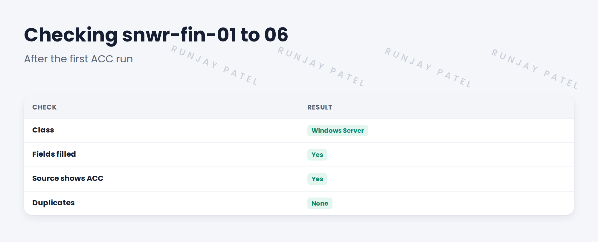 Table of checks for Finance servers.