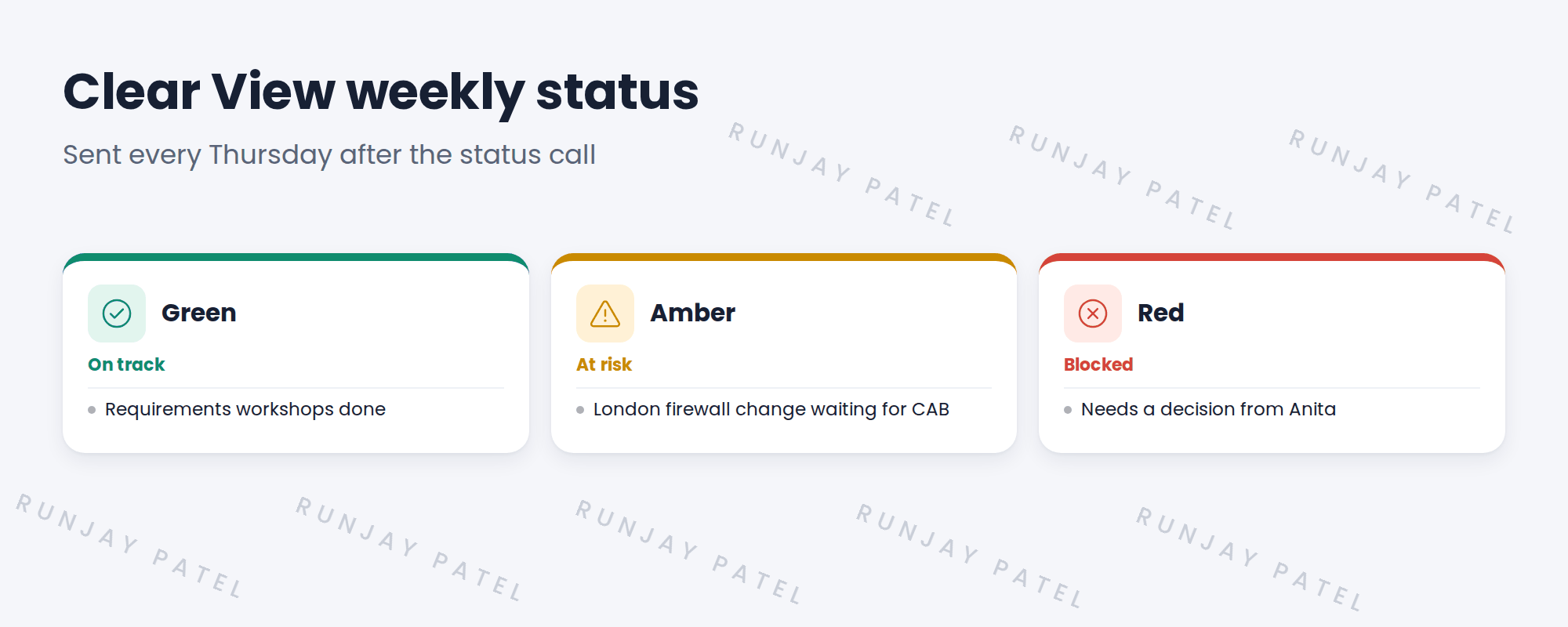 Three cards: green, amber and red example statuses.