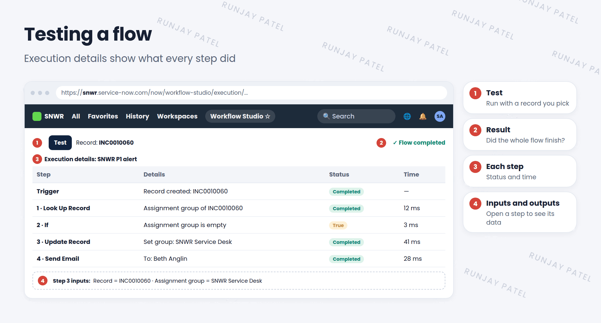 Testing a flow. Step 1: click Test and pick a record, INC0010060. Step 2: the flow runs. Step 3: the execution details page shows each step with its status and time: Trigger, completed; Look Up Record, completed in 12 ms; If Assignment group is empty, true; Update Record, completed; Send Email, completed. Each step can be opened to see its inputs and outputs.