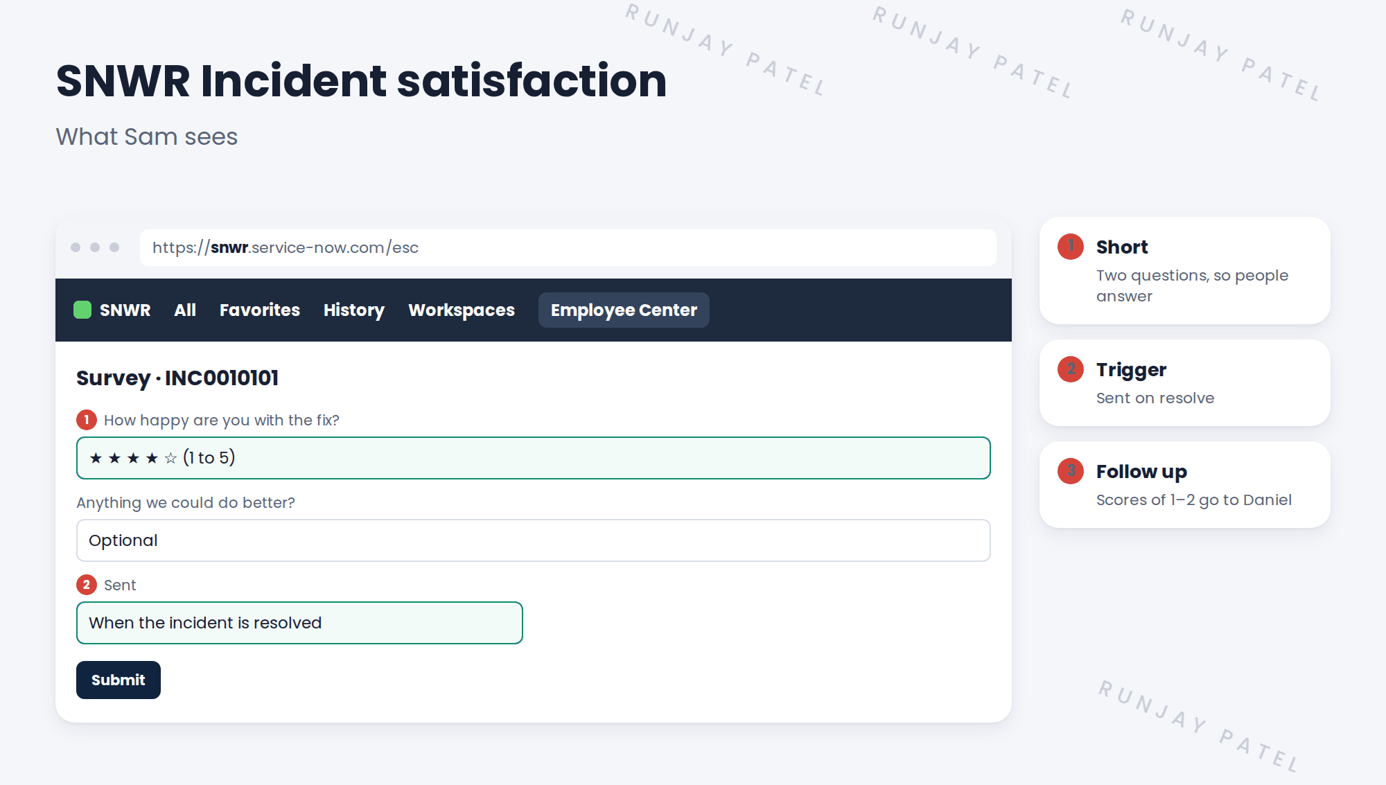 The SNWR Incident satisfaction survey. Question 1: How happy are you with how we fixed INC0010101? Rating 1 to 5. Question 2: Anything we could do better? Optional text. Notes: 1 Two questions only, so people answer. 2 Sent when the incident is resolved. 3 Low scores create a follow-up for Daniel.