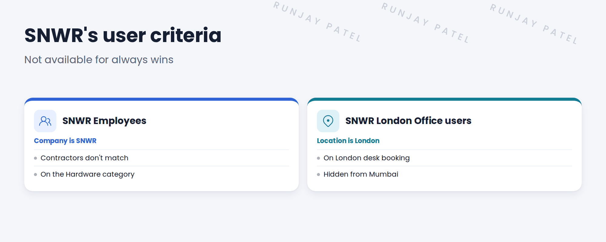 SNWR's two user criteria. SNWR Employees: company is SNWR. Contractors belong to their agency's company, so they don't match. Used on the Hardware category, Available for. SNWR London Office users: location is SNWR London Office. Used on London desk booking, Available for. A note says Not available for always wins over Available for.