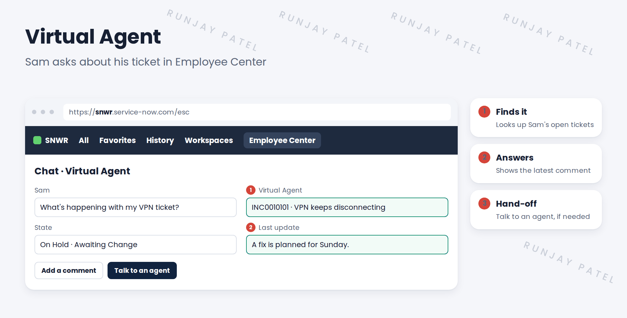 Sam chats with Virtual Agent in Employee Center. Sam: What's happening with my VPN ticket? Virtual Agent: You have one open incident, INC0010101, VPN keeps disconnecting. State: On Hold, Awaiting Change. Last update: a fix is planned for Sunday. Buttons: Add a comment, Talk to an agent.