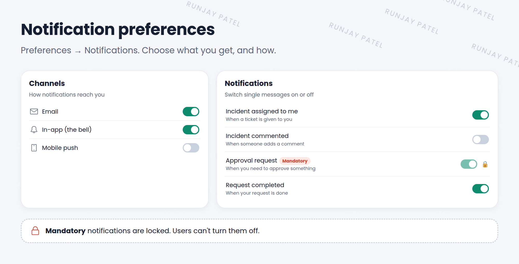 The Notifications section of Preferences. At the top, channel switches for Email, In-app, and Mobile push. Below, a list of notifications with on and off switches: Incident assigned to me is on, Incident commented is off, Approval request is on and locked with a note that it is mandatory, and Request completed is on.