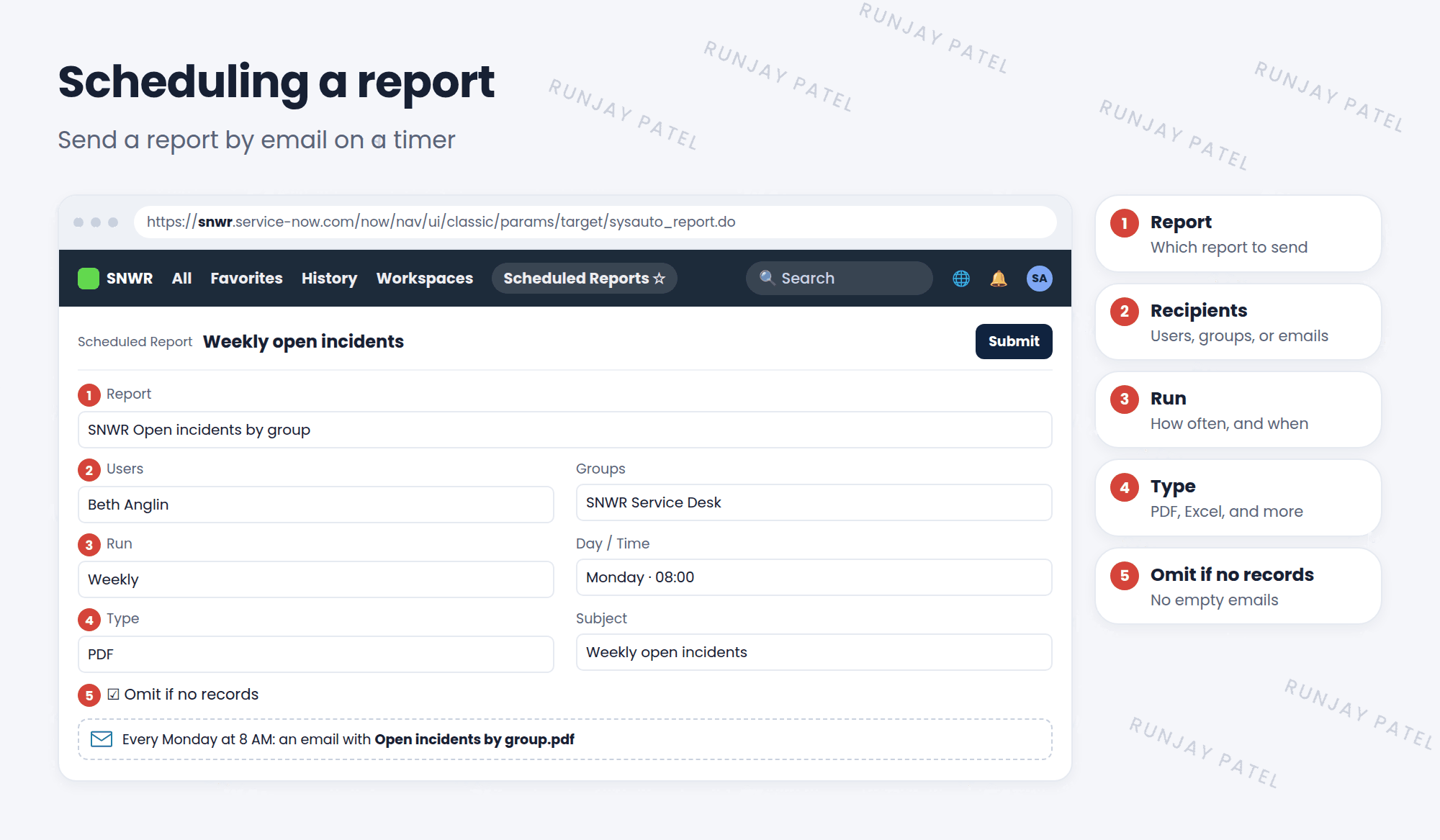 A scheduled report record. Report: SNWR Open incidents by group. Users: Beth Anglin. Groups: SNWR Service Desk. Run: Weekly, on Monday at 8:00 AM. Type: PDF. Subject: Weekly open incidents. Omit if no records is checked. The result is an email with the PDF sent every Monday morning.