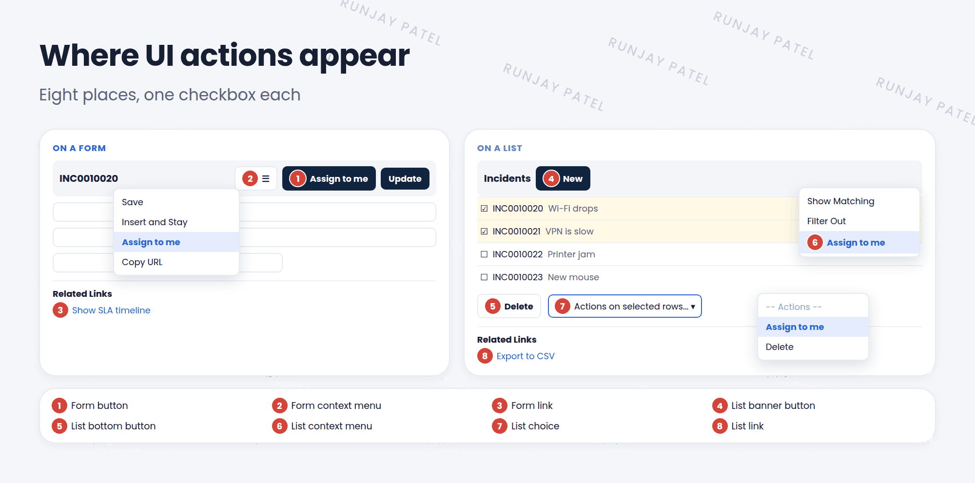 Where UI actions appear. On a form: 1 Form button in the header, like Assign to me. 2 Form context menu, when you right-click the header. 3 Form link, under Related Links at the bottom. On a list: 4 List banner button at the top. 5 List bottom button at the bottom. 6 List context menu, when you right-click a row. 7 List choice, in the Actions on selected rows menu. 8 List link, under Related Links at the bottom of the list.