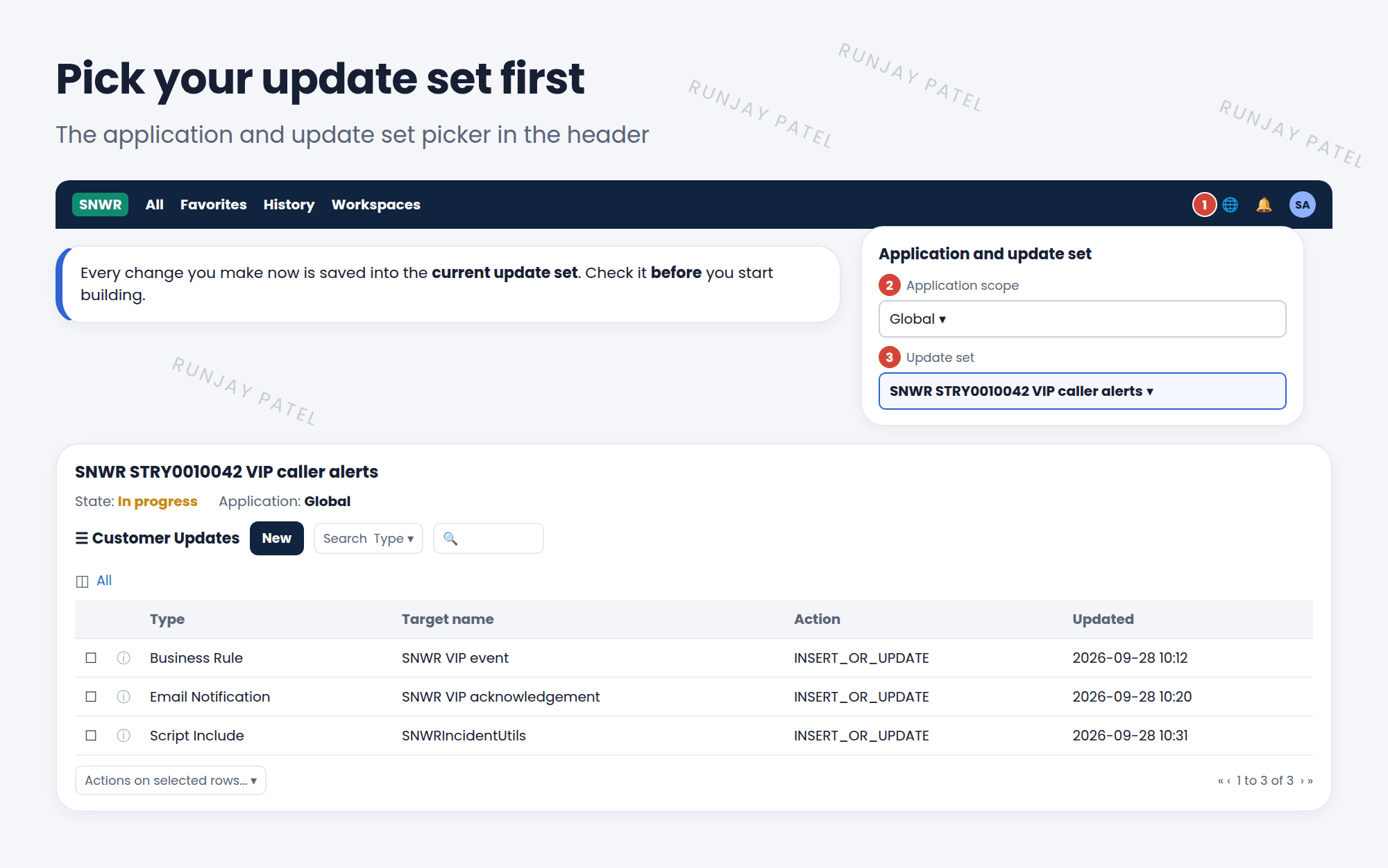 The Next Experience header with the application and update set picker open. Marker 1: the picker icon in the header. Marker 2: Application scope is Global. Marker 3: Update set is SNWR STRY0010042 VIP caller alerts, the current update set. Below, the update set record shows State In progress, and the Customer Updates related list with a business rule, a notification, and a script include.