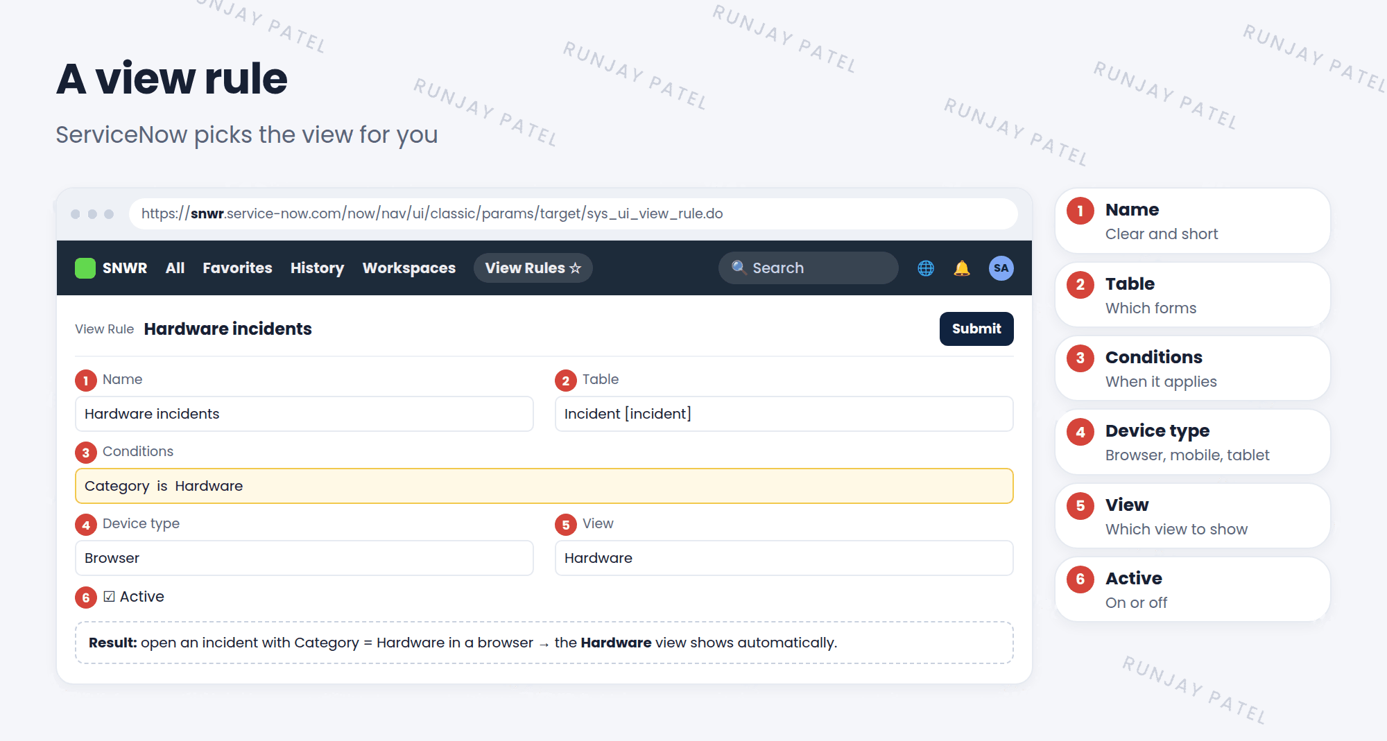A view rule record. 1: Name, Hardware incidents. 2: Table, Incident. 3: Conditions, Category is Hardware. 4: Device type, Browser. 5: View, Hardware. 6: Active is checked. Result: when anyone opens an incident with category Hardware in a browser, the Hardware view is shown automatically.