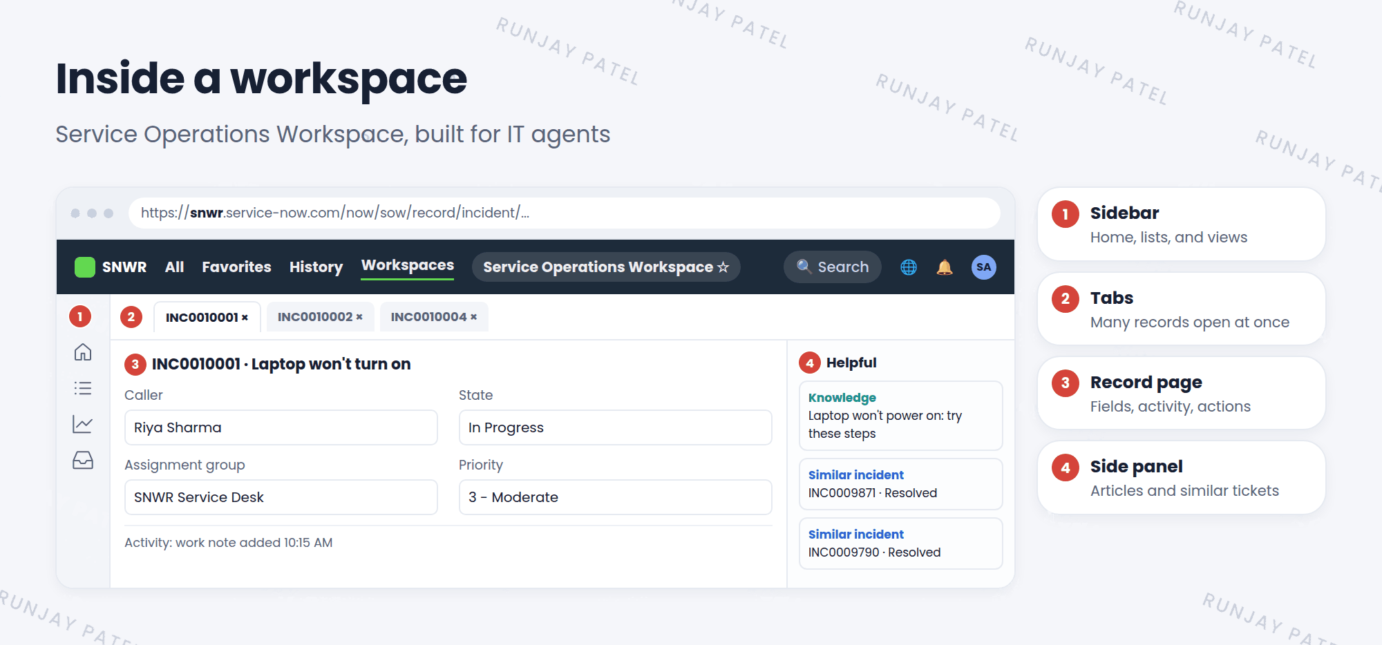 A Service Operations Workspace screen. 1: the left sidebar with icons for home, lists, and other views. 2: tabs across the top, so an agent can keep several records open at once. 3: the record in the middle, with its fields and activity. 4: the contextual side panel on the right with helpful items like matching knowledge articles and similar incidents.